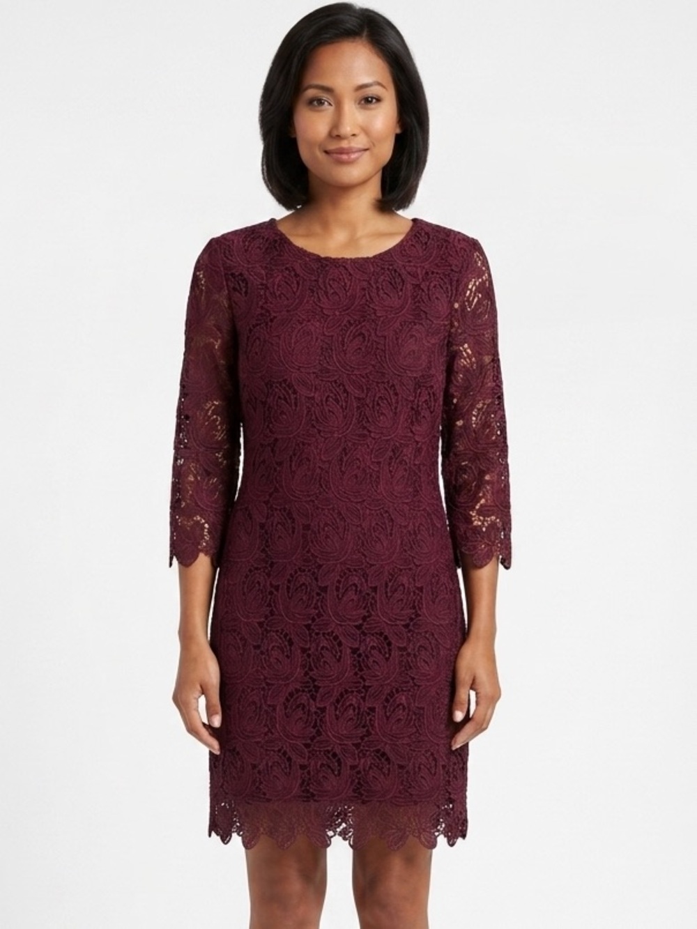 LOFT Burgundy Floral Lace Sheath Dress – Size 00 Petite